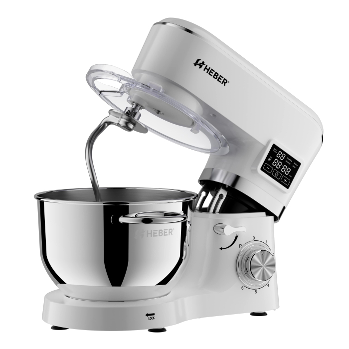 Mixer cu bol din inox Heber® HBR-1503A, 2000 W, Afisaj Digital, Timer, Bol 6.2 L inox, 6 Viteze, Functie Pulse, Miscare eliptica, Alb [6]