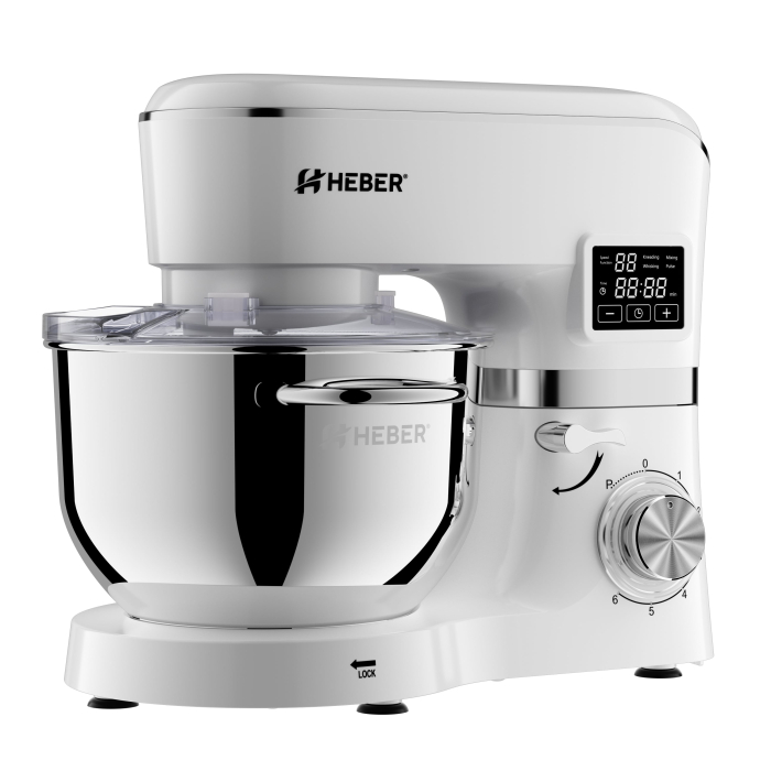 Mixer cu bol din inox Heber® HBR-1503A, 2000 W, Afisaj Digital, Timer, Bol 6.2 L inox, 6 Viteze, Functie Pulse, Miscare eliptica, Alb [7]