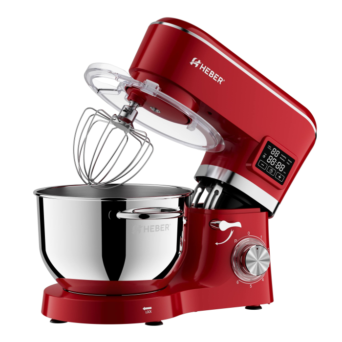 Mixer cu bol din inox Heber® HBR-1503R, 2000 W, Afisaj Digital, Timer, Bol 6.2 L inox, 6 Viteze, Functie Pulse, Miscare eliptica, Rosu [3]