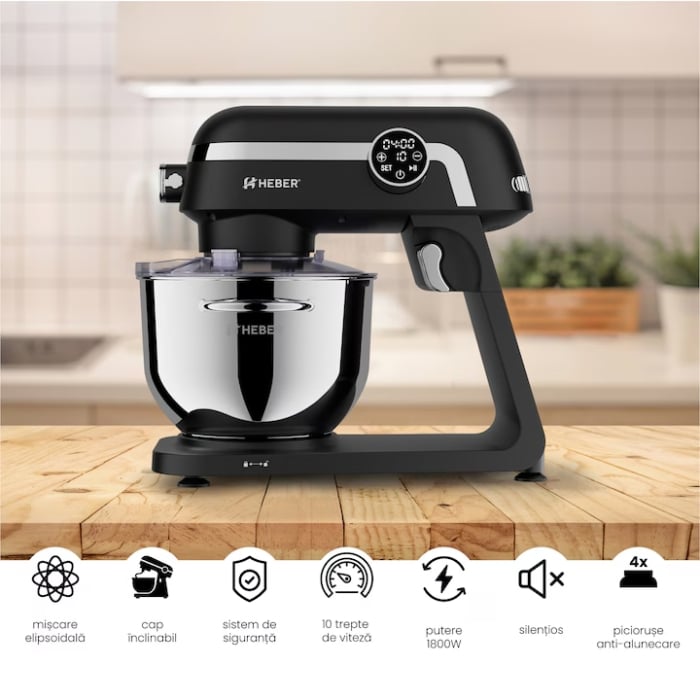 Mixer cu bol din inox Heber® HBR-1512N, 1800W, Carcasa metalica, 10 Viteze, Functie Pulse, Oprire automata, Miscare eliptica, Ecran digital tactil, Bol de 6L din Inox, 3 accesorii incluseNegru [2]