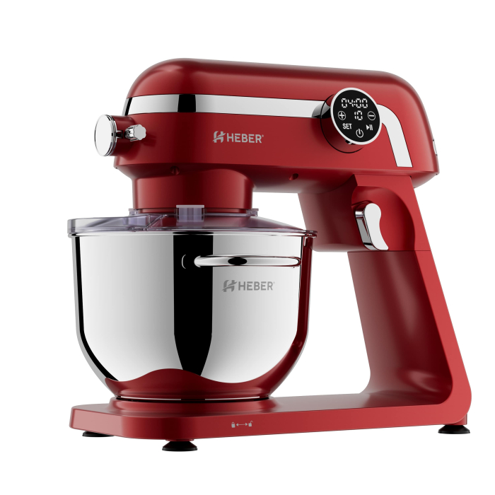 Mixer cu bol din inox Heber® HBR-1512R, 1800W, Carcasa metalica, 10 Viteze, Functie Pulse, Oprire automata, Miscare eliptica, Ecran digital tactil, Bol de 6L din Inox, 3 accesorii incluse ROSU [2]