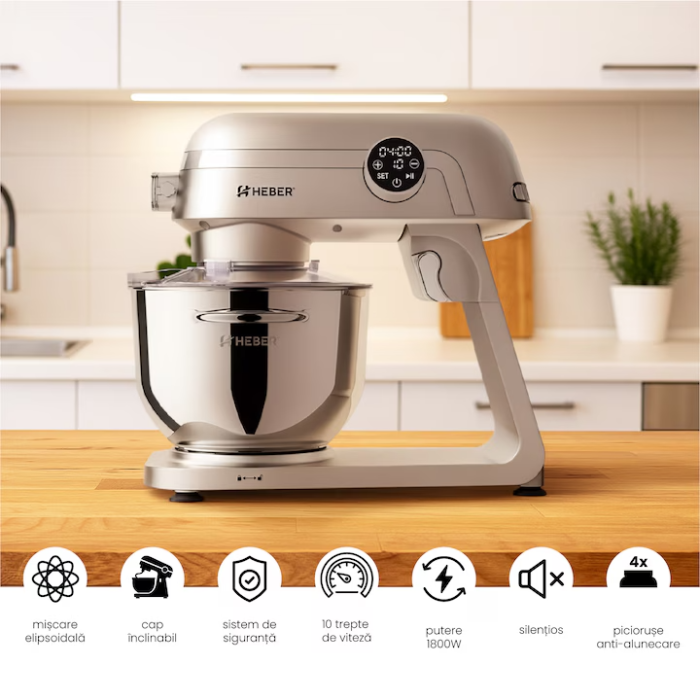 Mixer cu bol din inox Heber® HBR-1512S, 1800W, Carcasa metalica, 10 Viteze, Functie Pulse, Oprire automata, Miscare eliptica, Ecran digital tactil, Bol de 6L din Inox, 3 accesorii incluse Gri [2]