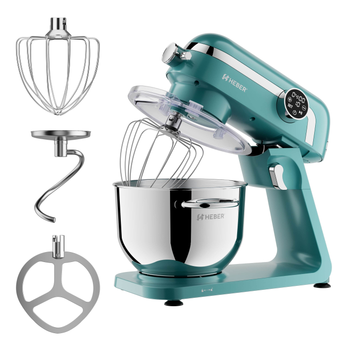 Mixer cu bol din inox Heber® HBR-1512V, 1800W, Carcasa metalica, 10 Viteze, Functie Pulse, Oprire automata, Miscare eliptica, Ecran digital tactil, Bol de 6L din Inox, 3 accesorii incluse Turcoaz [1]
