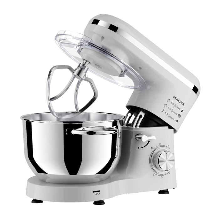 Mixer cu bol din inox Heber® HBR-1518A, 1500 W, Bol 6.2 L inox, 6 Viteze, Functie Pulse, Miscare eliptica, Alb [2]