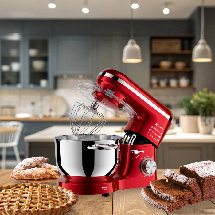 Mixer cu bol din inox Heber® HBR-1518R, 1500 W, Bol 6.2 L inox, 6 Viteze, Functie Pulse, Miscare eliptica, Rosu [8]