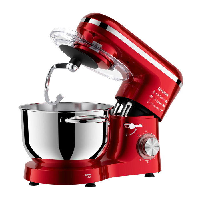 Mixer cu bol din inox Heber® HBR-1518R, 1500 W, Bol 6.2 L inox, 6 Viteze, Functie Pulse, Miscare eliptica, Rosu [4]