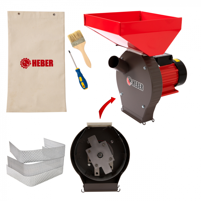Moara electrica Heber®, 3.8 kw 3000 rpm motor 100% cupru, 300 kg/ora, cuva mare, 20 de ciocanele pentru cereale si stiuleti + sac, surubelnita, perie [5]