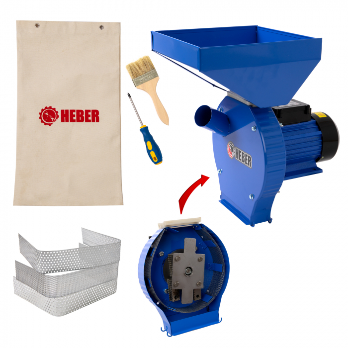 Moara electrica pentru cereale si stiuleti (2 in 1), HEBER®, Cuva Mare, motor 3,5 kw (100% cupru), 3000 rpm, 300 kg/h, 4 site de rezerva, 20 ciocanele [2]