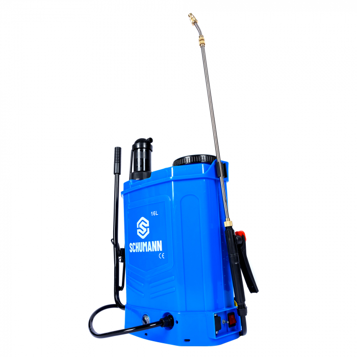 Pompa de stropit electrica + manuala 2 in 1, Schumann®, 16 L, acumulator, 6 BAR, regulator, 5 duze de stropire incluse [13]