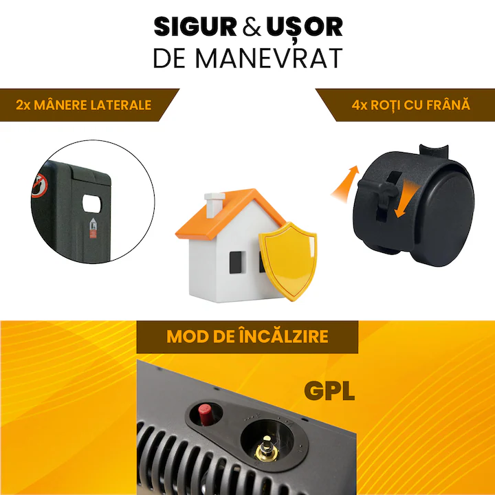 Soba metalica pe gaz GPL, cu roti, mobila, Heber®, 3 trepte de putere, negru [8]