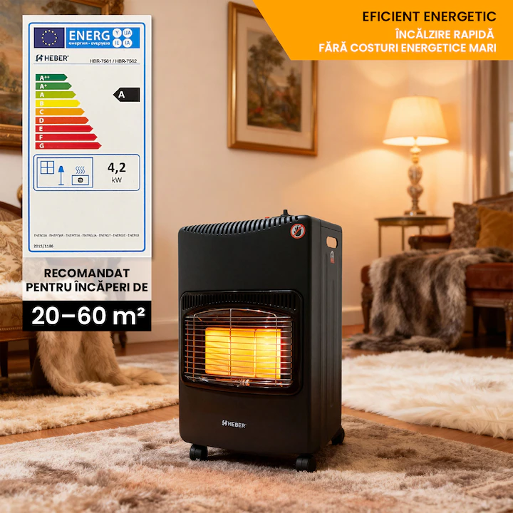 Soba metalica pe gaz GPL, cu roti, mobila, Heber®, 3 trepte de putere, negru [3]