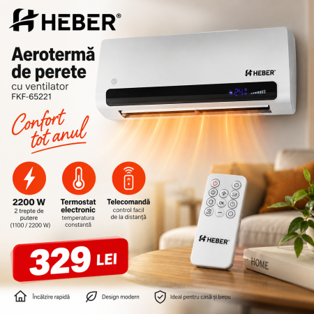 Aerotermă de perete cu ventilator Heber®, 2 trepte de putere 1100W/2200W [1]