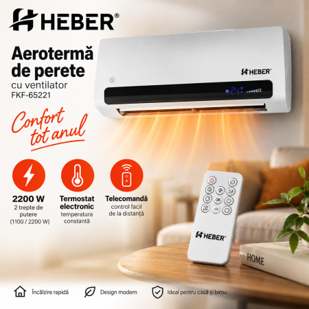 Convectoare si aeroterme electrice - Aerotermă de perete cu ventilator Heber®, 2 trepte de putere 1100W/2200W