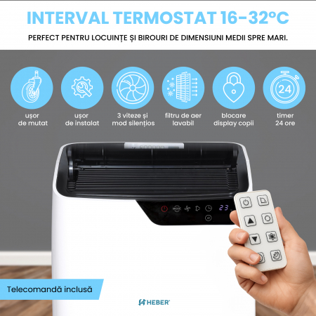 Aparat aer conditionat portabil 9000 BTU Heber®, SMART COOL, Wi-Fi, 3 in 1 Racire, Dezumidificare, Incalzire, Smart Life Gama 2025 [4]