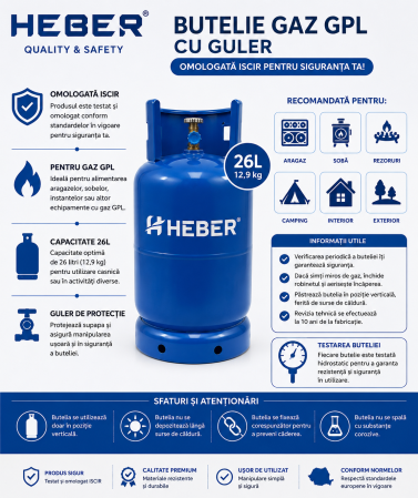 Butelie GPL din metal Heber® cu guler, 26 L, 11 kg, filet 1/2, nealimentata cu gaz, Albastru [1]