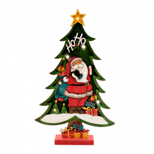 Decor de masa din lemn si LED, brad verde, Mos rosu, 7 LED-uri [1]