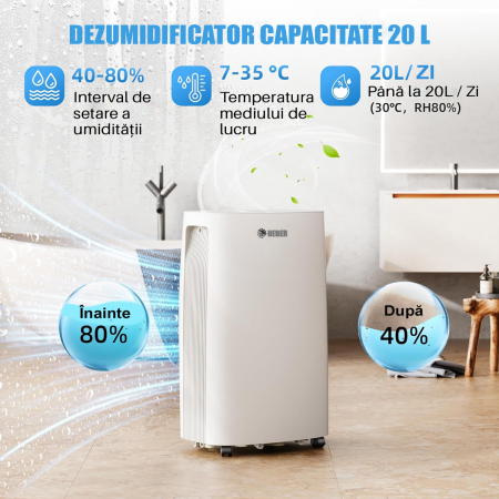 Dezumidificator Heber® 20 l /zi, cu rezervor de apa de 3,7 l, blocare pentru copii, furtun de scurgere pentru drenaj continuu, eficient energetic [3]