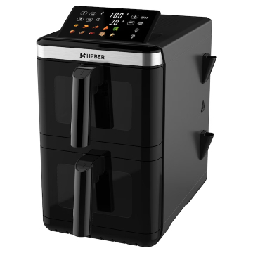 Friteuze cu aer cald - Friteuza cu aer cald dubla Heber® HBR-1105, 3000W, 12L, control digital, 40–200°C, 2 zone independente, negru