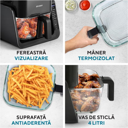Friteuza cu aer cald Heber®, 1500W, 4 l, recipient gatire din sticla termorezistenta, 40-200°C, 7 programe, panou tactil, HBR-1107, negru [3]