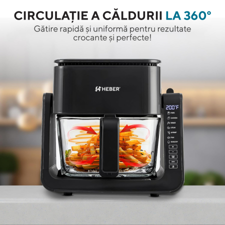 Friteuza cu aer cald Heber®, 1500W, 4 l, recipient gatire din sticla termorezistenta, 40-200°C, 7 programe, panou tactil, HBR-1107, negru [1]
