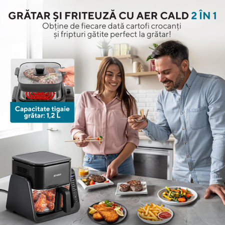 Friteuze cu aer cald - Friteuza cu aer cald Heber®, 1500W, 4 l, recipient gatire din sticla termorezistenta, 40-200°C, 7 programe, panou tactil, HBR-1107, negru