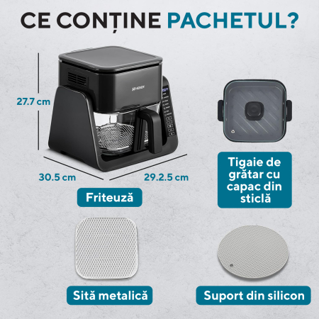 Friteuza cu aer cald Heber®, 1500W, 4 l, recipient gatire din sticla termorezistenta, 40-200°C, 7 programe, panou tactil, HBR-1107, negru [5]