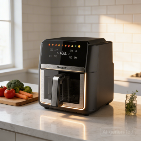 Friteuze cu aer cald - Friteuza cu aer cald Heber® HBR-1106, 2000W, 9L, Display digital touch, 10 programe, Interior metalic, Fara ulei, Negru