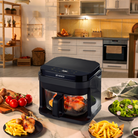 Friteuze cu aer cald - Friteuza cu aer cald Heber®, Milano, gratar din inox, 5.5L, recipient gatire din sticla termorezistenta, 8 programe, 1200W, Air fryer Gama 2025