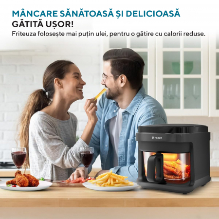 Friteuza cu aer cald Heber®, Milano, gratar din inox, 5.5L, recipient gatire din sticla termorezistenta, 8 programe, 1200W, Air fryer Gama 2025 [2]