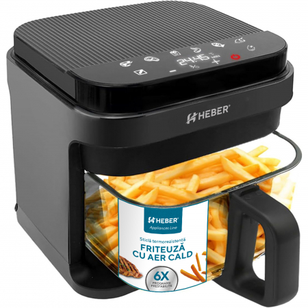 Friteuza cu aer cald Heber®, Milano, gratar din inox, 5.5L, recipient gatire din sticla termorezistenta, 8 programe, 1200W, Air fryer Gama 2025 [1]