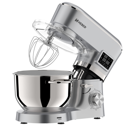 Mixere cu bol - Mixer cu bol din inox Heber® HBR-1503S, 2000 W, Afisaj Digital, Timer, Bol 6.2 L inox, 6 Viteze, Functie Pulse, Miscare eliptica, Argintiu