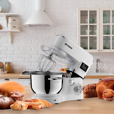 Mixere cu bol - Mixer cu bol din inox Heber® HBR-1503A, 2000 W, Afisaj Digital, Timer, Bol 6.2 L inox, 6 Viteze, Functie Pulse, Miscare eliptica, Alb