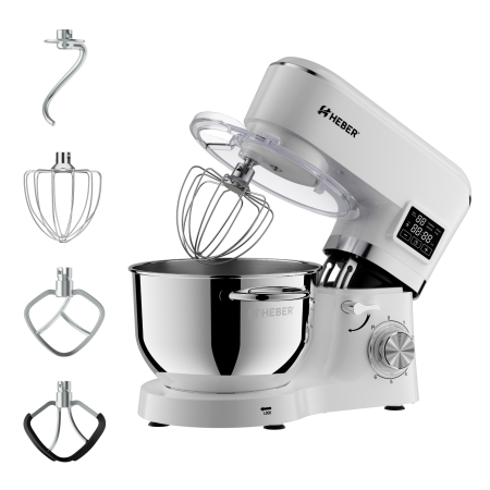 Mixer cu bol din inox Heber® HBR-1503A, 2000 W, Afisaj Digital, Timer, Bol 6.2 L inox, 6 Viteze, Functie Pulse, Miscare eliptica, Alb [1]