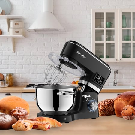 Mixere cu bol - Mixer cu bol din inox Heber® HBR-1503N, 2000 W, Afisaj Digital, Timer, Bol 6.2 L inox, 6 Viteze, Functie Pulse, Miscare eliptica, Negru