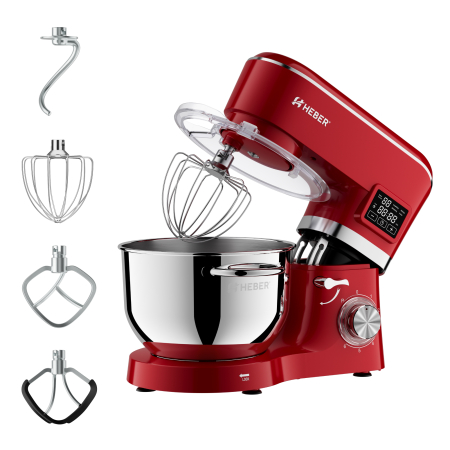 Mixer cu bol din inox Heber® HBR-1503R, 2000 W, Afisaj Digital, Timer, Bol 6.2 L inox, 6 Viteze, Functie Pulse, Miscare eliptica, Rosu [1]