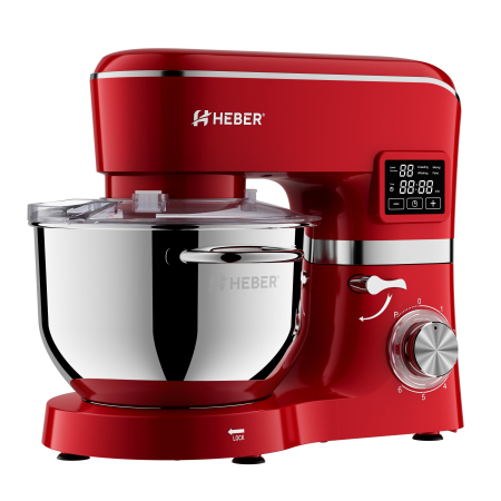 Mixer cu bol din inox Heber® HBR-1503R, 2000 W, Afisaj Digital, Timer, Bol 6.2 L inox, 6 Viteze, Functie Pulse, Miscare eliptica, Rosu [6]