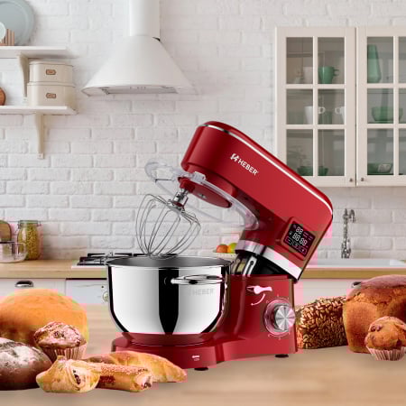 Mixere cu bol - Mixer cu bol din inox Heber® HBR-1503R, 2000 W, Afisaj Digital, Timer, Bol 6.2 L inox, 6 Viteze, Functie Pulse, Miscare eliptica, Rosu