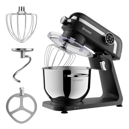 Mixere cu bol - Mixer cu bol din inox Heber® HBR-1512N, 1800W, Carcasa metalica, 10 Viteze, Functie Pulse, Oprire automata, Miscare eliptica, Ecran digital tactil, Bol de 6L din Inox, 3 accesorii incluse Negru