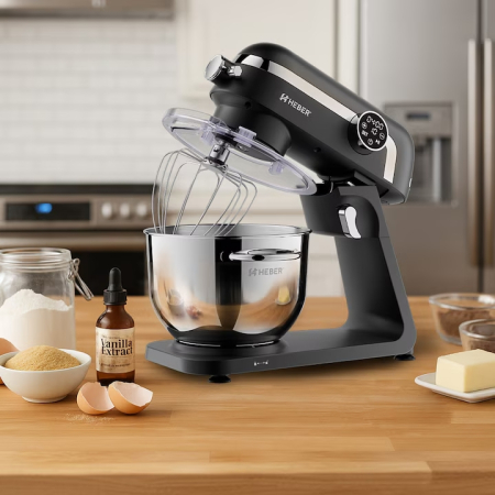 Mixere cu bol - Mixer cu bol din inox Heber® HBR-1512N, 1800W, Carcasa metalica, 10 Viteze, Functie Pulse, Oprire automata, Miscare eliptica, Ecran digital tactil, Bol de 6L din Inox, 3 accesorii incluseNegru