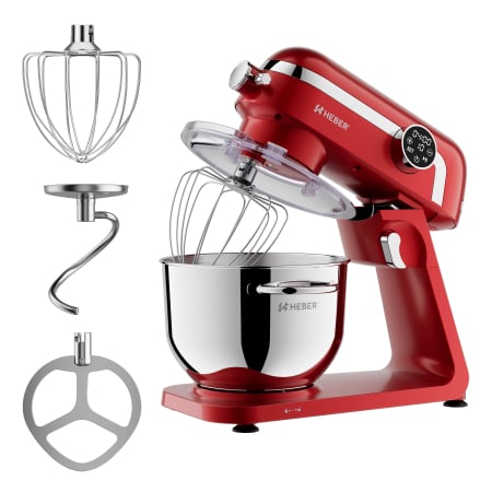 Mixere cu bol - Mixer cu bol din inox Heber® HBR-1512R, 1800W, Carcasa metalica, 10 Viteze, Functie Pulse, Oprire automata, Miscare eliptica, Ecran digital tactil, Bol de 6L din Inox, 3 accesorii incluse ROSU