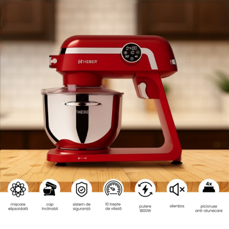 Mixer cu bol din inox Heber® HBR-1512R, 1800W, Carcasa metalica, 10 Viteze, Functie Pulse, Oprire automata, Miscare eliptica, Ecran digital tactil, Bol de 6L din Inox, 3 accesorii incluse ROSU [1]