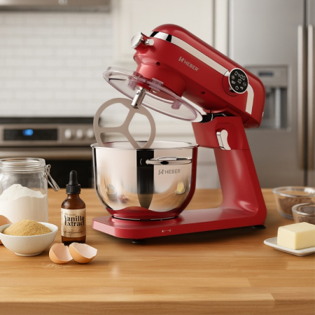 Mixere cu bol - Mixer cu bol din inox Heber® HBR-1512R, 1800W, Carcasa metalica, 10 Viteze, Functie Pulse, Oprire automata, Miscare eliptica, Ecran digital tactil, Bol de 6L din Inox, 3 accesorii incluse ROSU