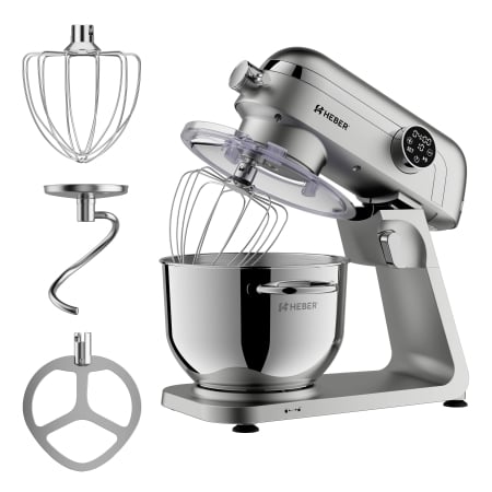 Mixere cu bol - Mixer cu bol din inox Heber® HBR-1512S, 1800W, Carcasa metalica, 10 Viteze, Functie Pulse, Oprire automata, Miscare eliptica, Ecran digital tactil, Bol de 6L din Inox, 3 accesorii incluse Gri