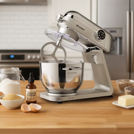 Mixere cu bol - Mixer cu bol din inox Heber® HBR-1512S, 1800W, Carcasa metalica, 10 Viteze, Functie Pulse, Oprire automata, Miscare eliptica, Ecran digital tactil, Bol de 6L din Inox, 3 accesorii incluse Gri