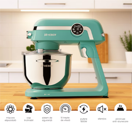 Mixer cu bol din inox Heber® HBR-1512V, 1800W, Carcasa metalica, 10 Viteze, Functie Pulse, Oprire automata, Miscare eliptica, Ecran digital tactil, Bol de 6L din Inox, 3 accesorii incluse Turcoaz [1]
