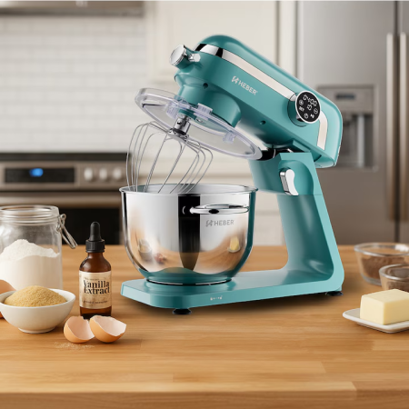 Mixer cu bol din inox Heber® HBR-1512V, 1800W, Carcasa metalica, 10 Viteze, Functie Pulse, Oprire automata, Miscare eliptica, Ecran digital tactil, Bol de 6L din Inox, 3 accesorii incluse Turcoaz [0]