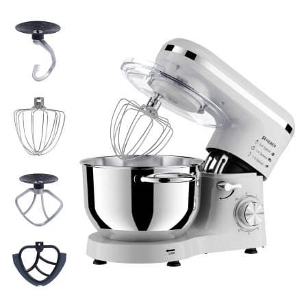 Mixere cu bol - Mixer cu bol din inox Heber® HBR-1518A, 1500 W, Bol 6.2 L inox, 6 Viteze, Functie Pulse, Miscare eliptica, Alb