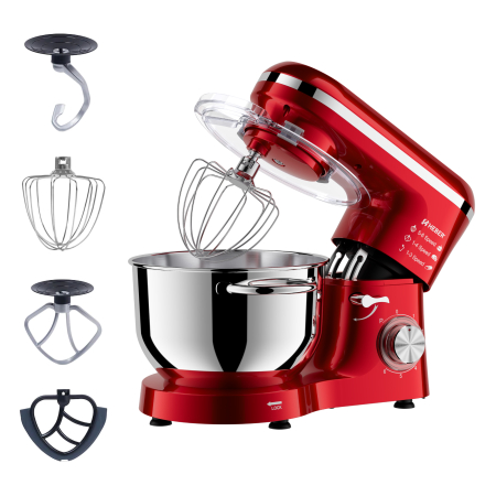 Mixere cu bol - Mixer cu bol din inox Heber® HBR-1518R, 1500 W, Bol 6.2 L inox, 6 Viteze, Functie Pulse, Miscare eliptica, Rosu