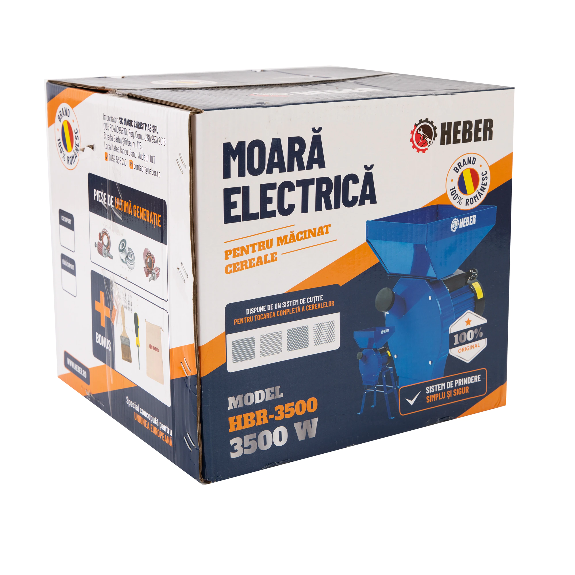 Moara electrica cu suport din metal pentru cereale si stiuleti (2 in 1), HEBER®, Cuva Mare, motor 3,5 kw (100% cupru), 3000 rpm, 300 kg/h, 4 site de rezerva, 20 ciocanele [5]