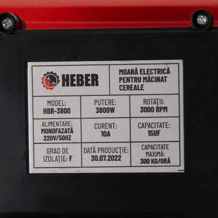 Moara electrica Heber®, 3.8 kw 3000 rpm motor 100% cupru, 300 kg/ora, cuva mare, 20 de ciocanele pentru cereale si stiuleti + sac, surubelnita, perie [9]